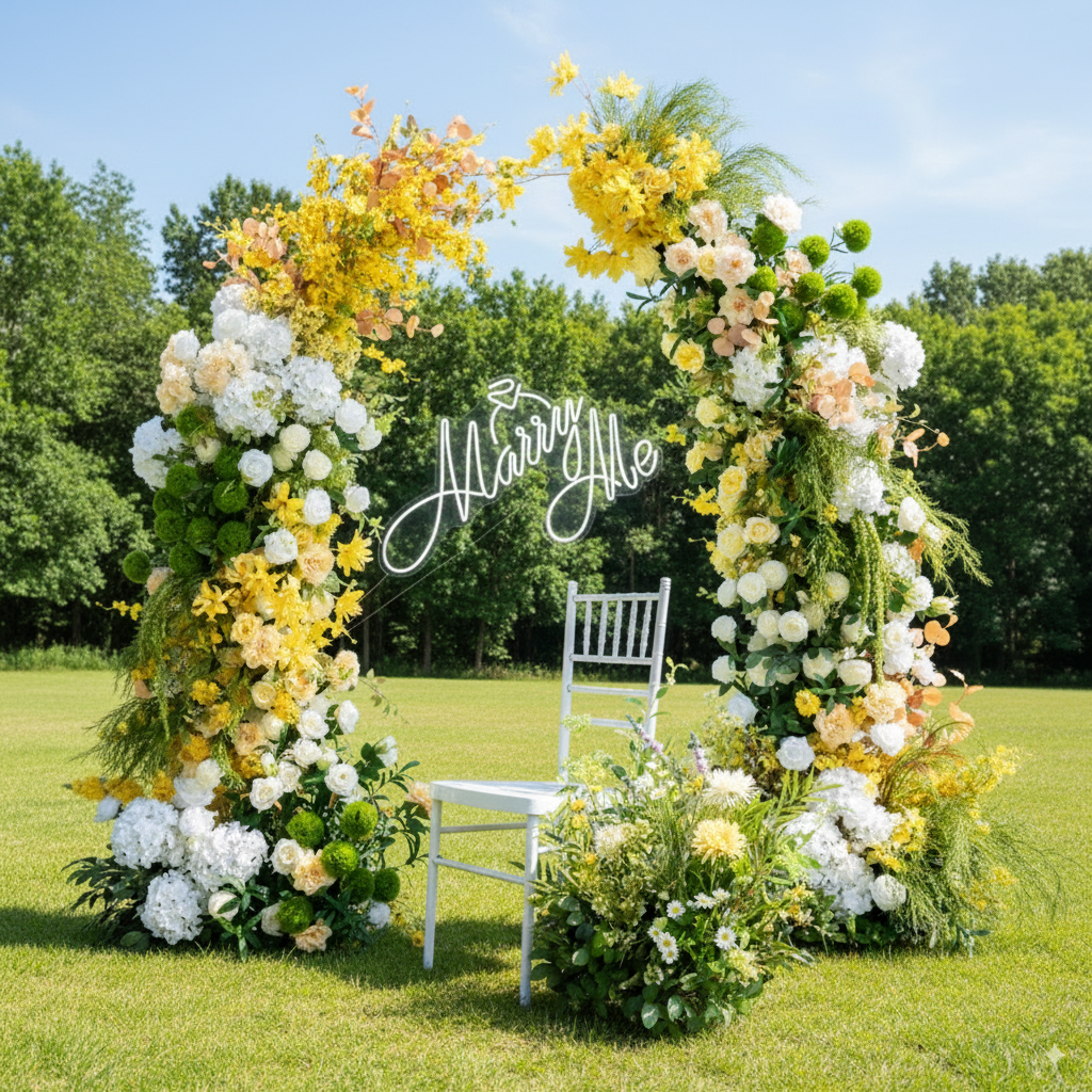 Arche florale élégante en forme de lune pour cérémonie de mariage - Arche de fleurs artificielles pour mariages, événements et occasions spéciales