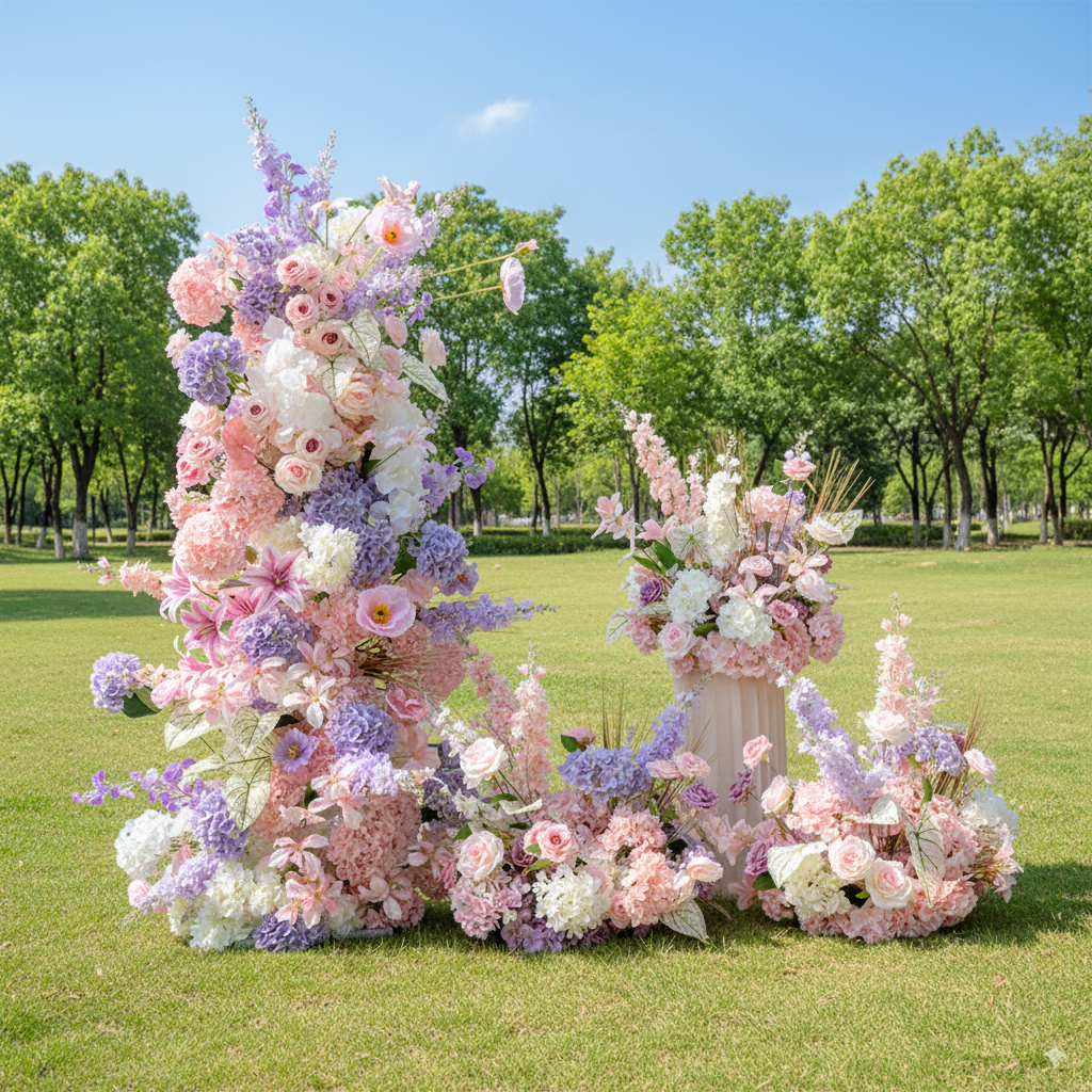 Arco Floral Artificial en Forma de Luna Elegante de Color Rosa-Púrpura Dulce para Ceremonias de Boda - Arco de Flores Artificial para Bodas, Eventos y Ocasiones Especiales VA-304