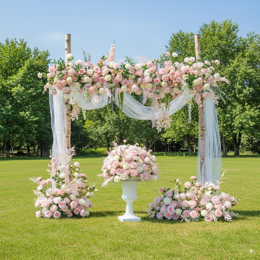 Romantic Pink and White Floral Wedding Arch, Artificial Flower Arrangement, Ceremony Backdrop & Reception Decor FA-209
