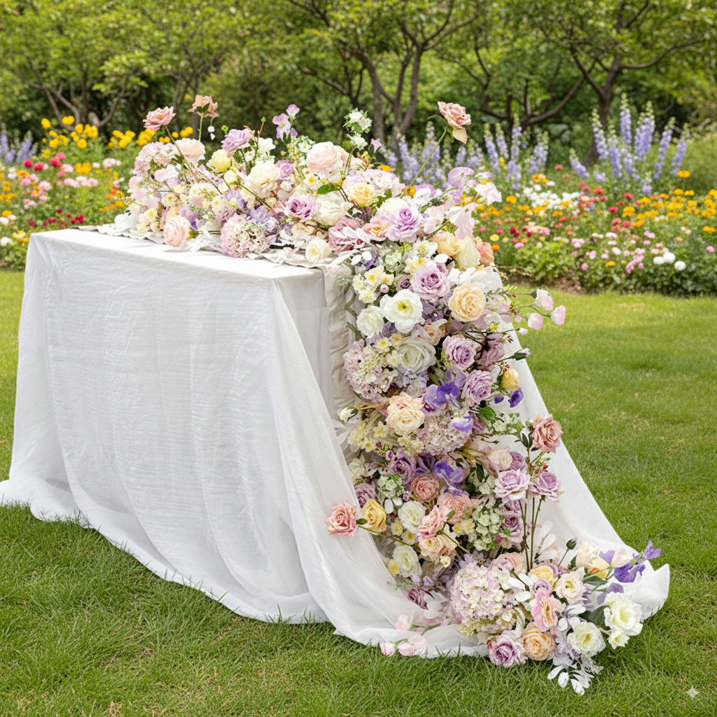 Pastel Floral Wedding Table Runner, Artificial Flower Arrangement, Elegant Reception Decor & Event Display FA-213