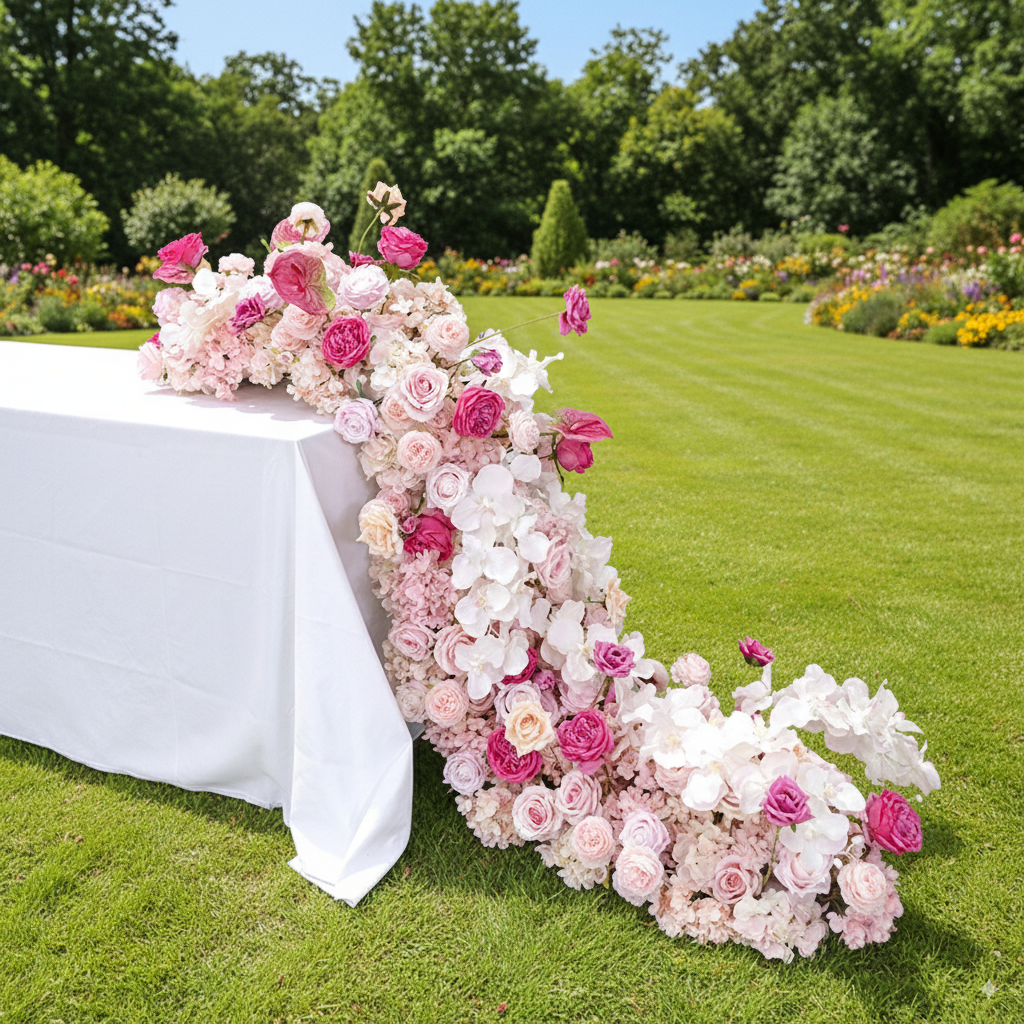 Elegant Pink and White Floral Wedding Table Runner, Artificial Flower Arrangement, Reception Decor & Event Display FA-216