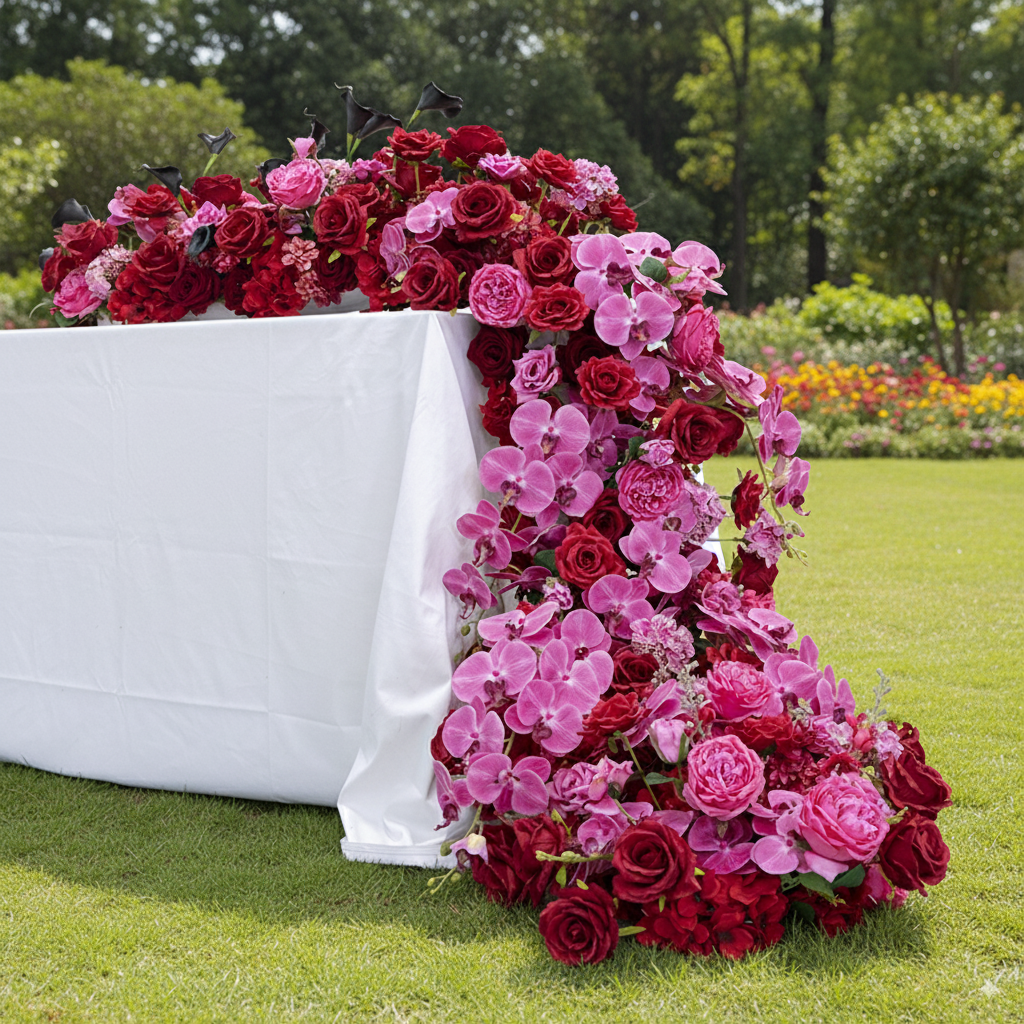 Romantic Red and Pink Floral Wedding Table Runner, Artificial Flower Arrangement, Reception Decor & Event Display FA-217