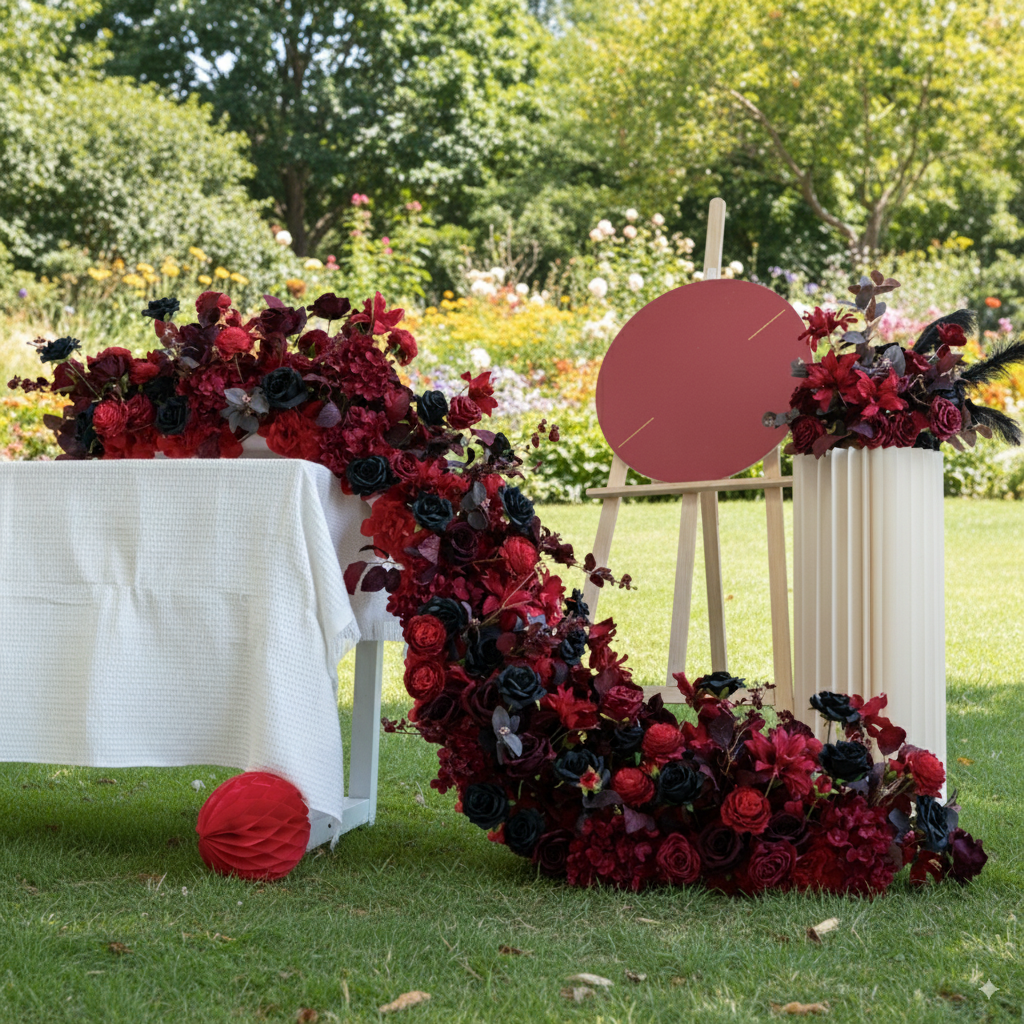 Bold Red and Black Floral Wedding Table Runner, Artificial Flower Arrangement, Reception Decor & Event Display FA-221