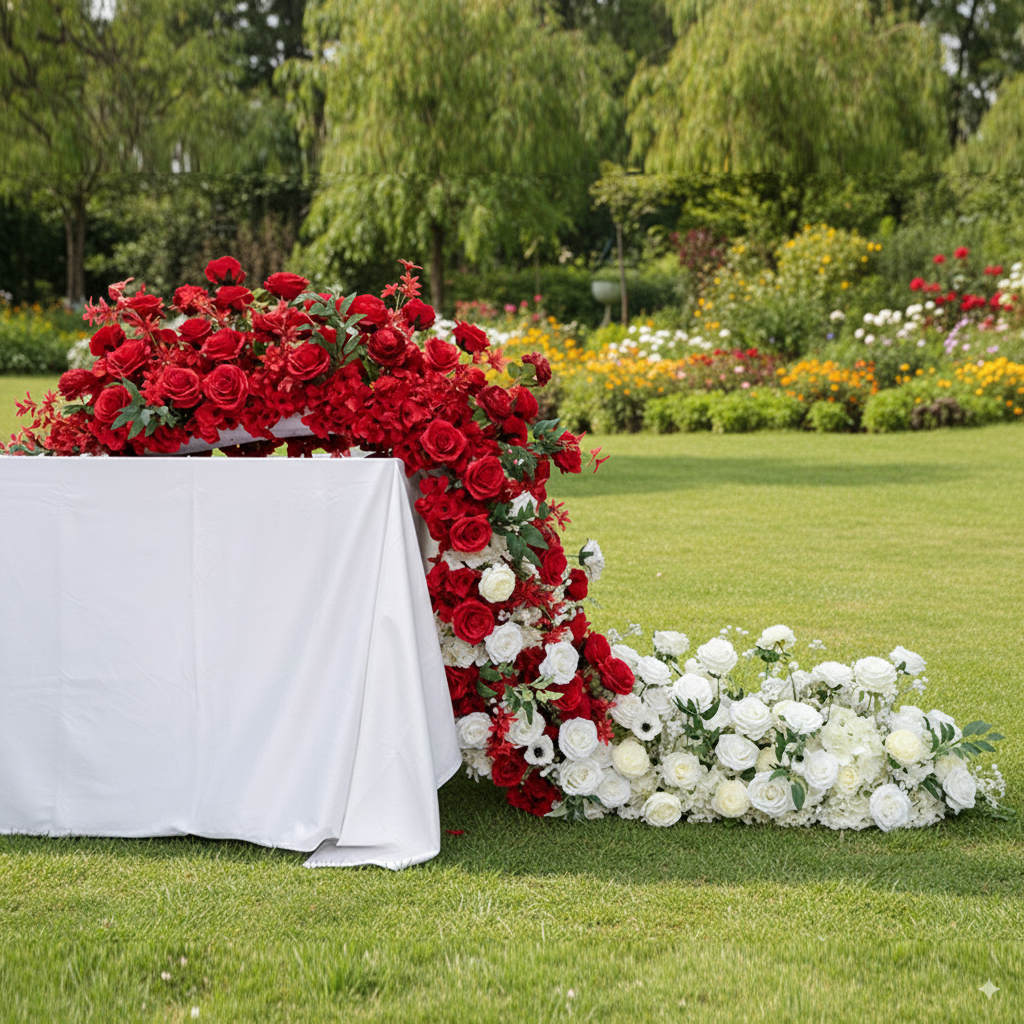 Elegant Red and White Floral Wedding Table Runner, Artificial Flower Arrangement, Reception Decor & Event Display FA-222