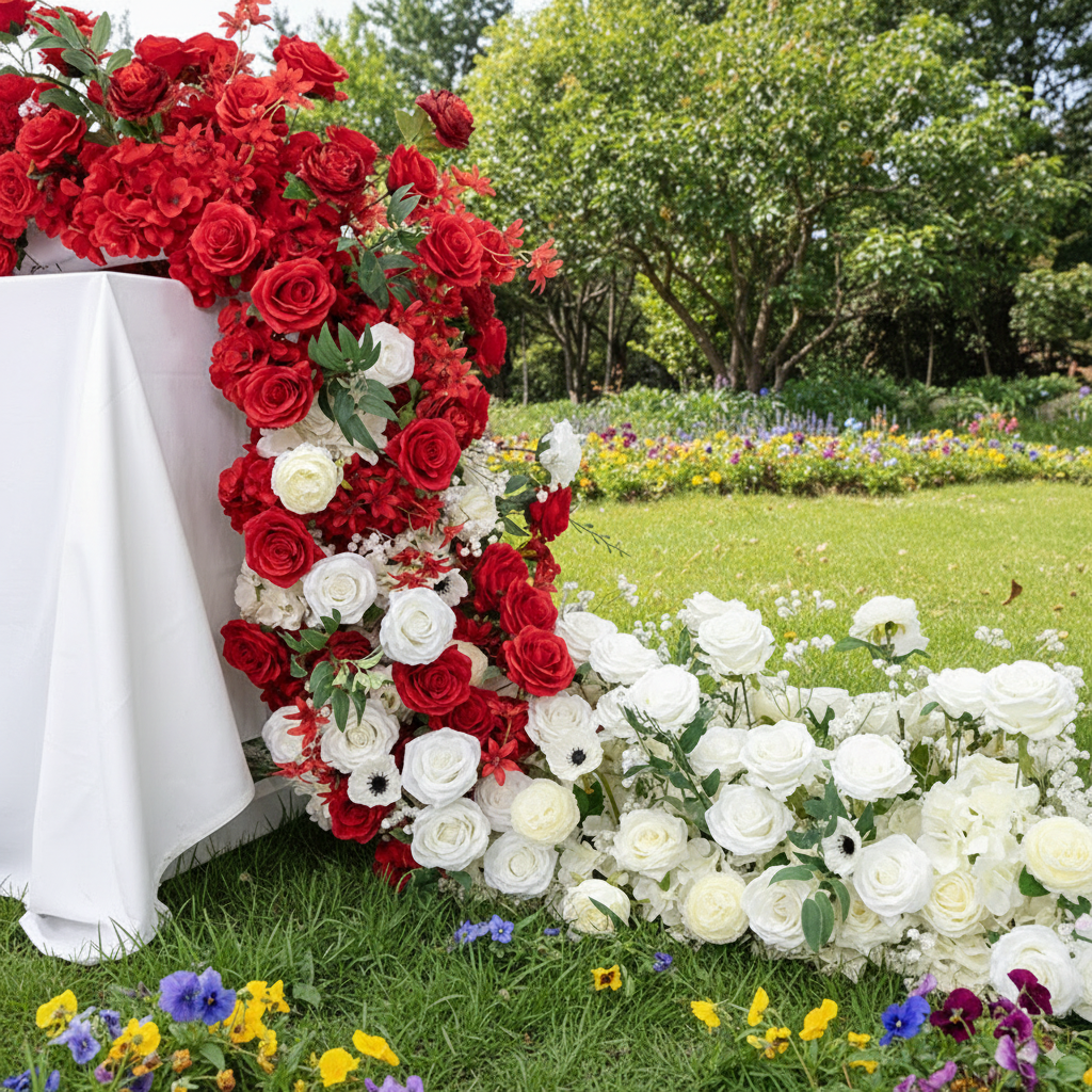 Elegant Red and White Floral Wedding Table Runner, Artificial Flower Arrangement, Reception Decor & Event Display FA-222