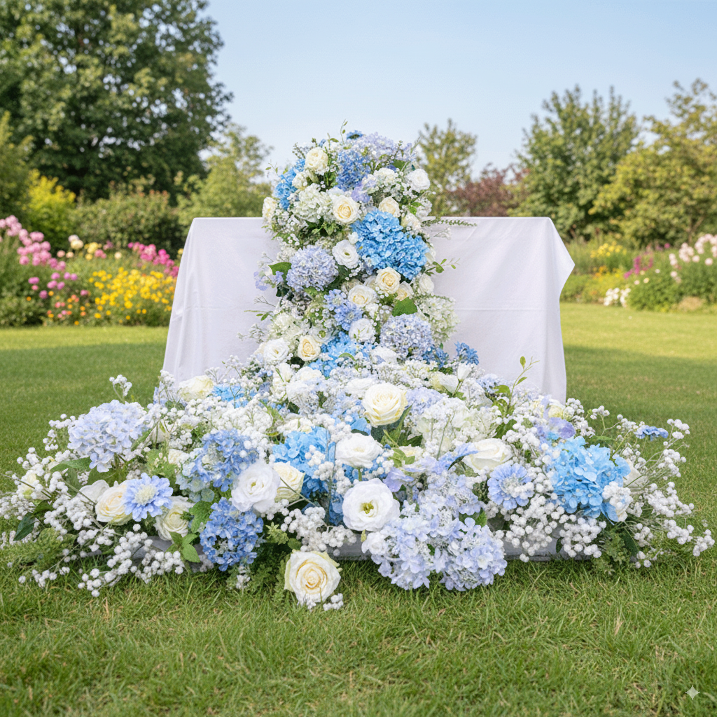 Elegant Blue and White Floral Wedding Table Runner, Artificial Flower Arrangement, Reception Decor & Event Display FA-215