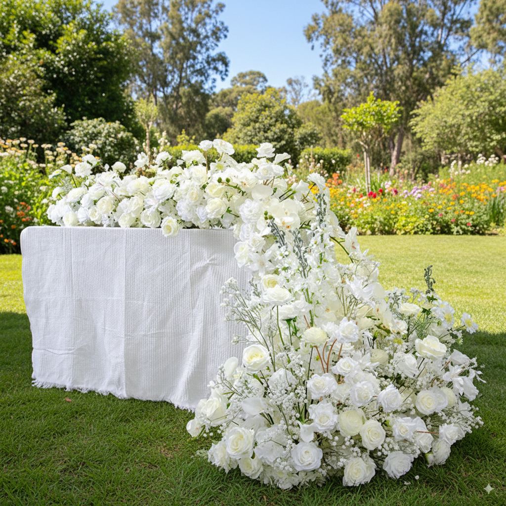 Elegant White Floral Wedding Table Runner, Artificial Flower Arrangement, Reception Decor & Event Display FA-220