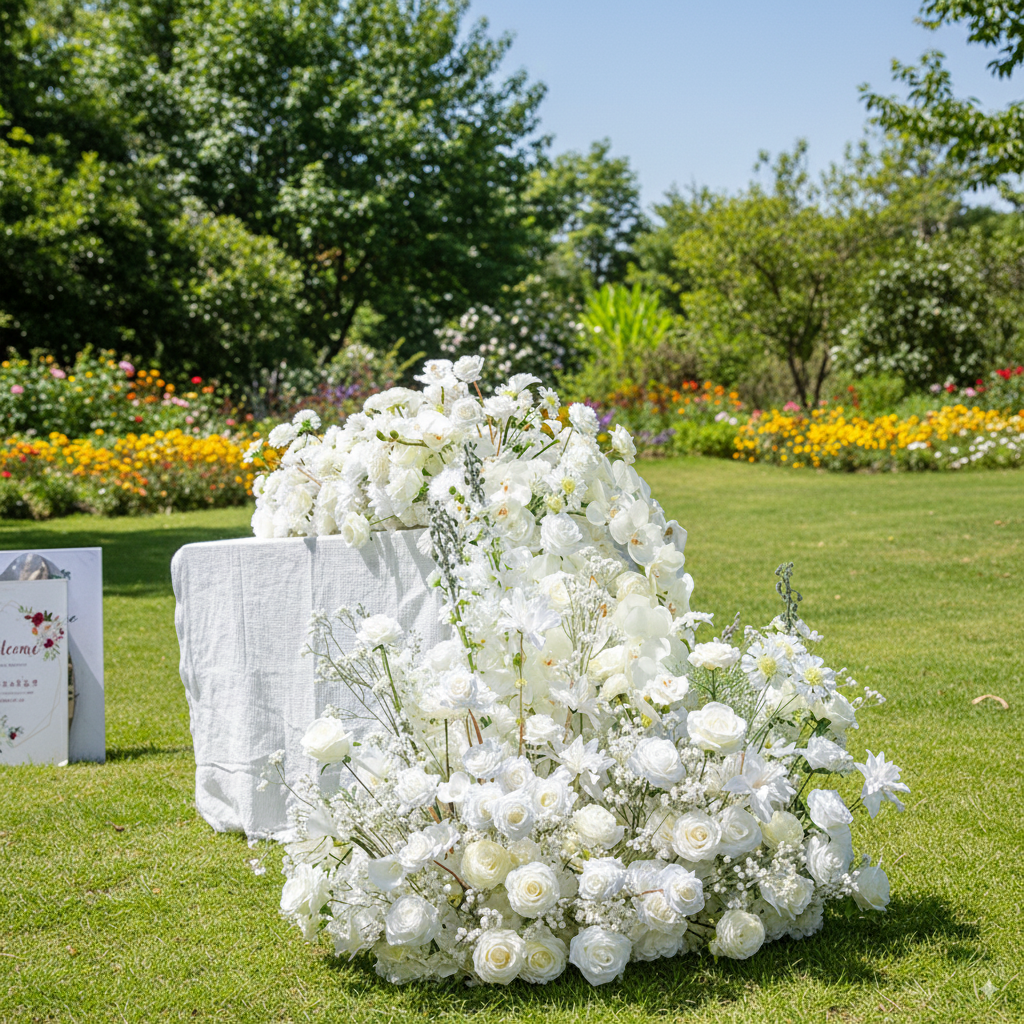 Elegant White Floral Wedding Table Runner, Artificial Flower Arrangement, Reception Decor & Event Display FA-220