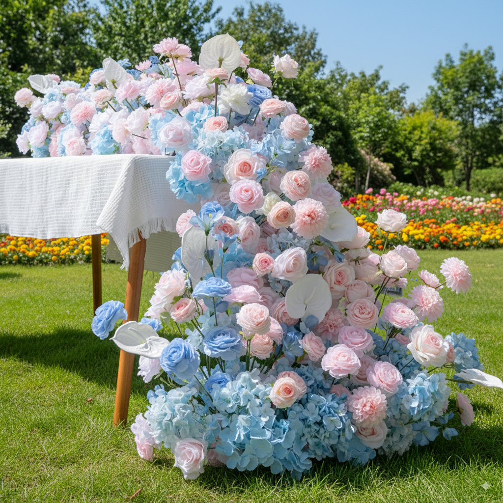 Pastel Pink and Blue Floral Wedding Table Runner, Artificial Flower Arrangement, Reception Decor & Event Display FA-223