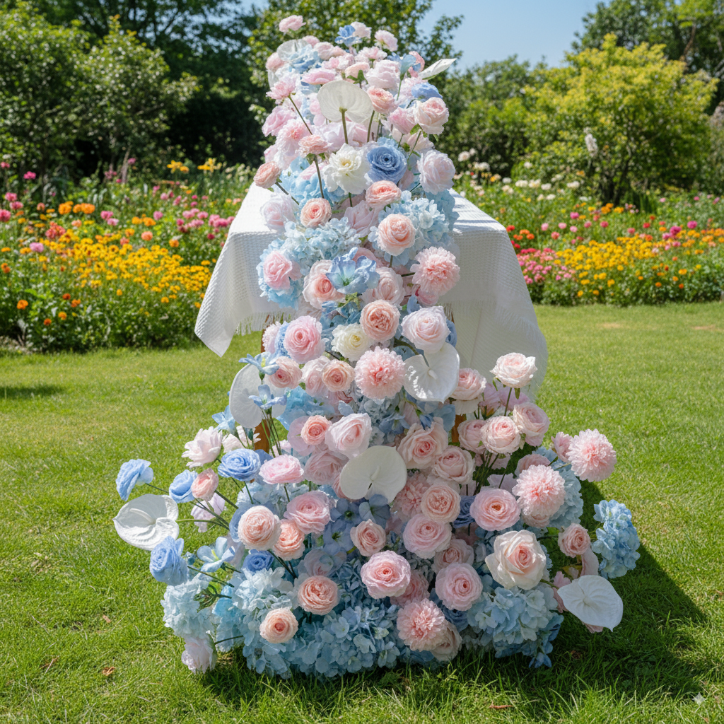 Pastel Pink and Blue Floral Wedding Table Runner, Artificial Flower Arrangement, Reception Decor & Event Display FA-223