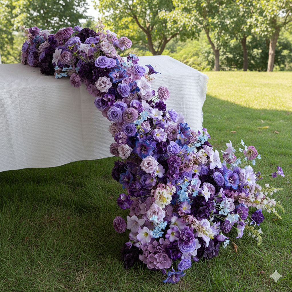 Cascada Floral Romántica en Púrpura y Azul, Centro de Mesa de Flores Artificiales para Eventos y Celebraciones FA-235