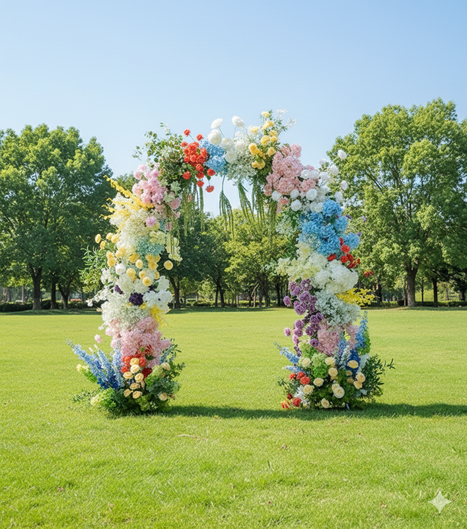 Rainbow-Inspired Artificial Floral Arch – Statement Wedding Backdrop with Bold Color Blocks VA-368