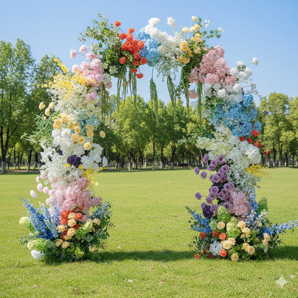 Rainbow-Inspired Artificial Floral Arch – Statement Wedding Backdrop with Bold Color Blocks VA-368