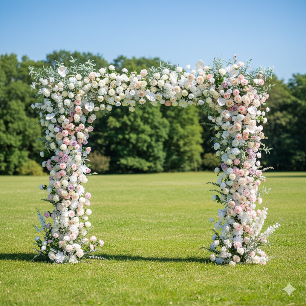 Cream White and Pink Artificial Flower Arch – Wedding Ceremony Backdrop with Faux Roses and Hydrangeas VA-369