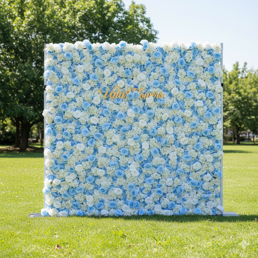 Valar Flower Roll Up Fabric Artificial Flower Baby Blue and White Wall Wedding Backdrop, Floral Party Decor, Event Photography-VF-025
