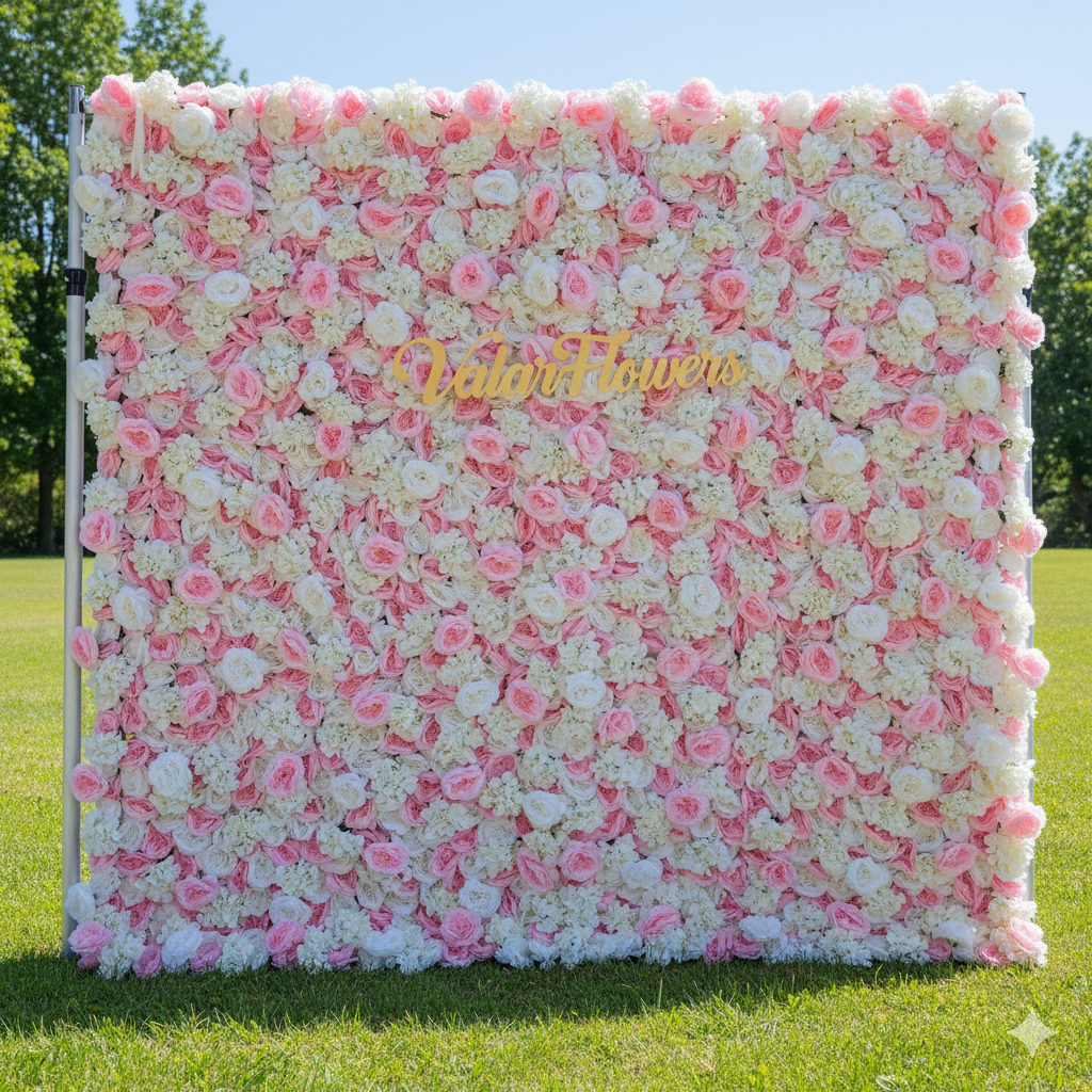 Valar Flower Roll Up Fabric Artificial Opera Mauve Pink and White Flower Wall Wedding Backdrop, Floral Party Decor, Event Photography-VF-025-2