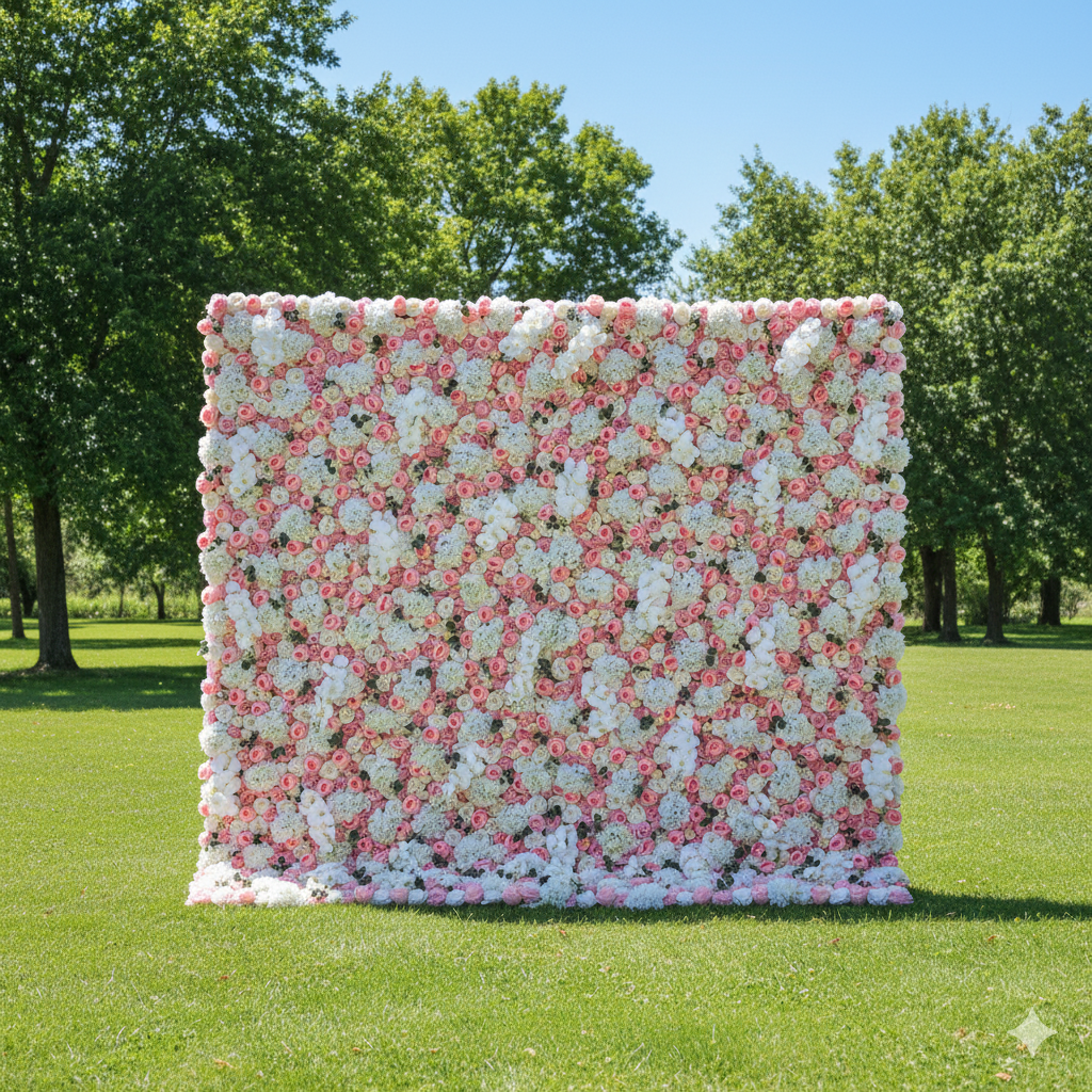 Valar Flowers Roll Up Tissu Artificiel Petite Orchidée et Rose de Brandy avec Roses Blanches Fleur Mur Toile de Fond de Mariage, Décor de Fête Florale, Photographie d'événement-VF-027 