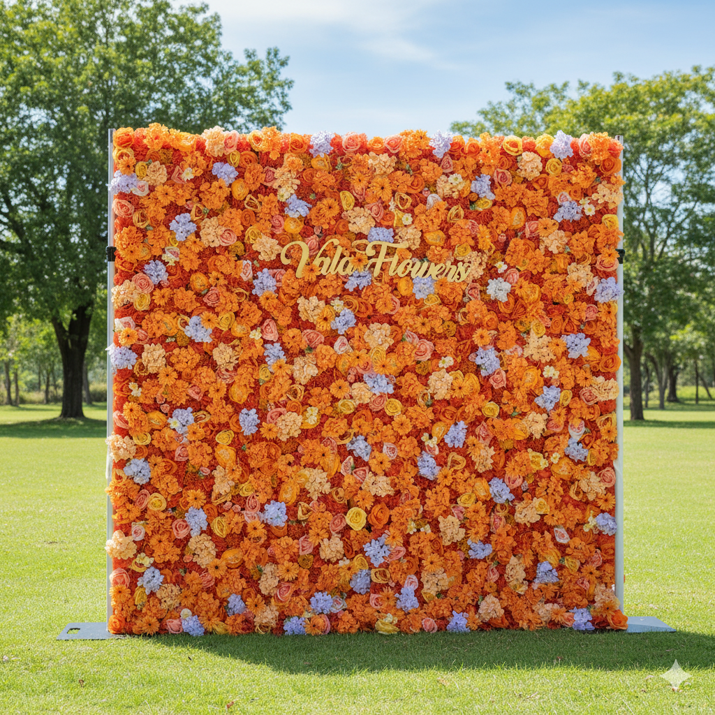 Valar Flowers Roll Up Fabric Artificielle Papaye Orange et Jaune Fleur Mur Toile de fond de mariage, Décor de fête florale, Photographie d'événement-VF-060 
