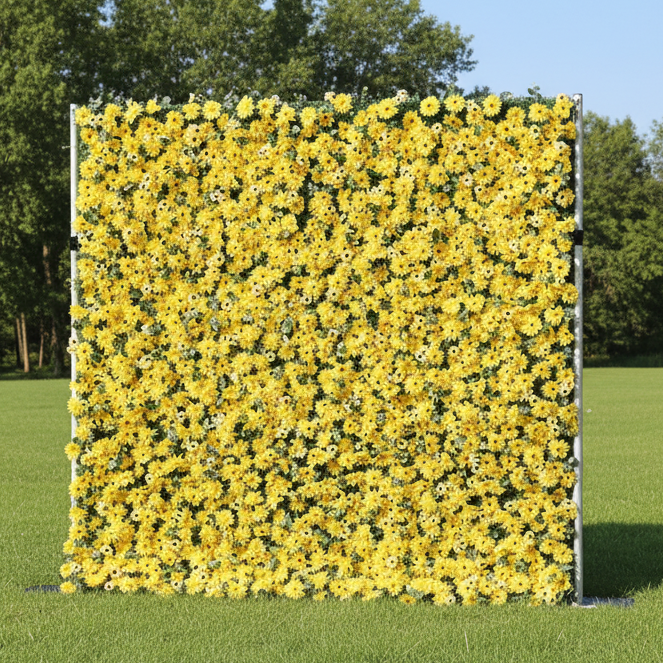 Valar Flower Roll Up Fabric Artificial Burnt Yellow Euryops Pectinatus  Flower Wall Wedding Backdrop, Floral Party Decor, Event Photography-VF-069