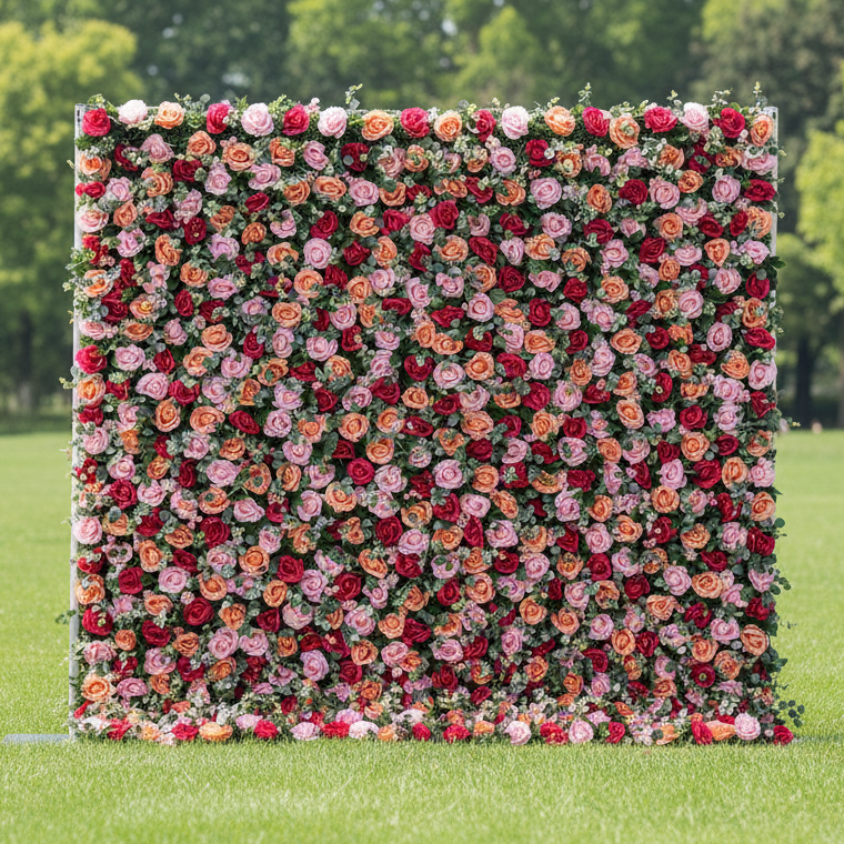 Valar Flowers Roll Up Tissu Artificiel Prune Persan et Fleur Rose Carmin Clair et Feuilles Vertes Gris Ironside Mur Toile de Fond de Mariage, décor Floral de fête, Photographie d'événement-VF-070-2 