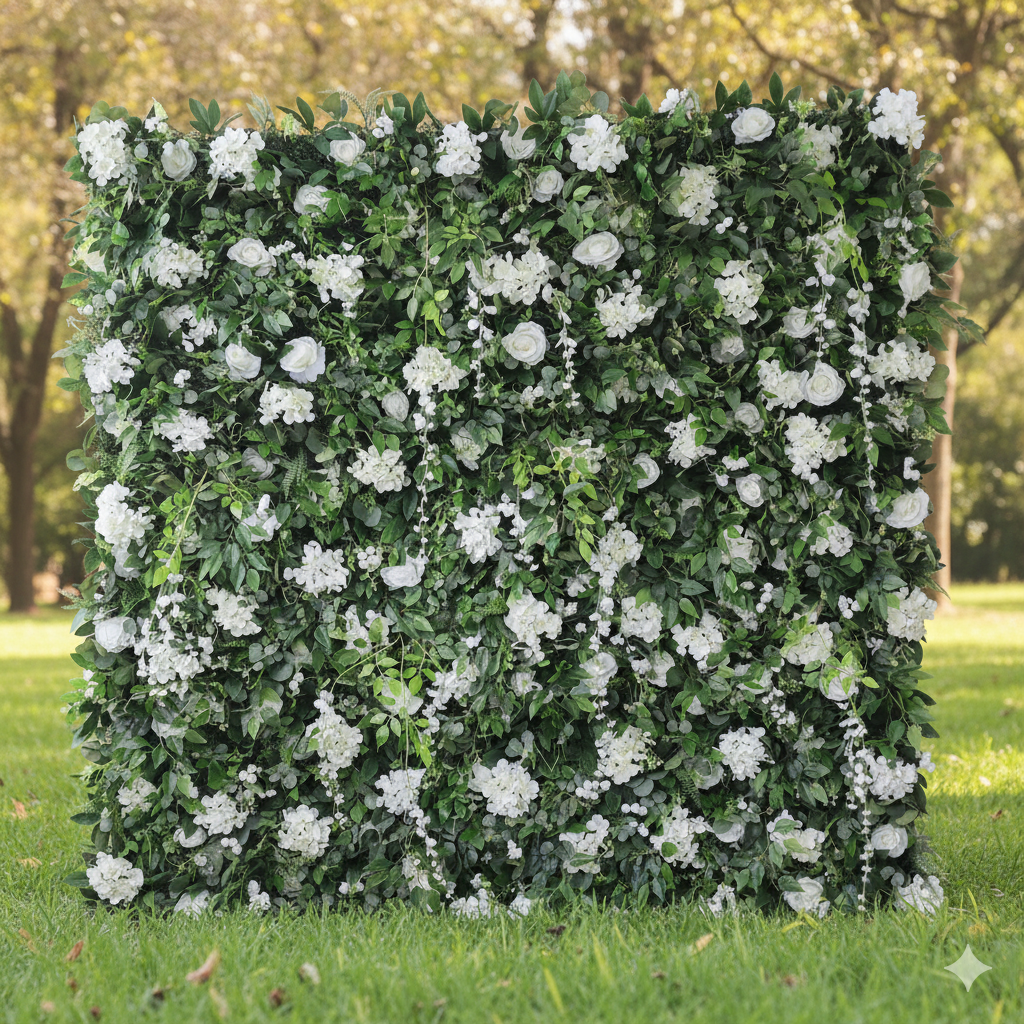 Valar Flower Roll Up Fabric Artificial White Flower and Vivid Green Leaves Floral Wall Wedding Backdrop, Floral Party Decor, Event Photography-VF-071-4