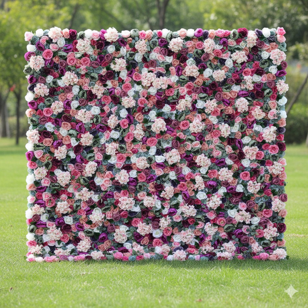 Valar Fleurs enroulables en tissu artificiel mixte aubergine violet, blanc, vert course et rose canneberge, toile de fond murale florale pour mariage, décoration florale de fête, photographie d'événement - VF-080 