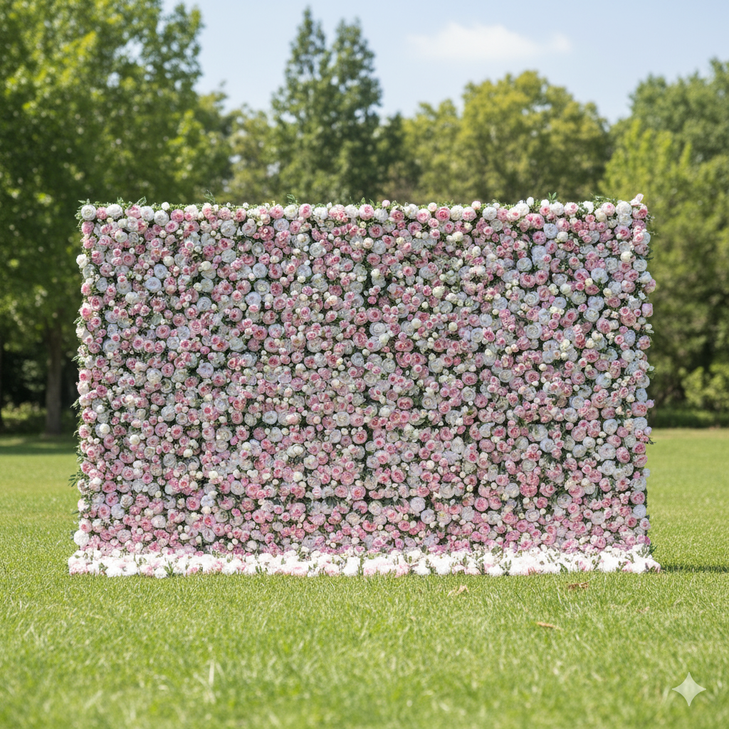 Valar Fleurs Roll Up Tissu Artificiel Mixte Pinky et Blanc Floral Mur Toile de fond de mariage, Décor de fête florale, Photographie d’événement-VF-082 