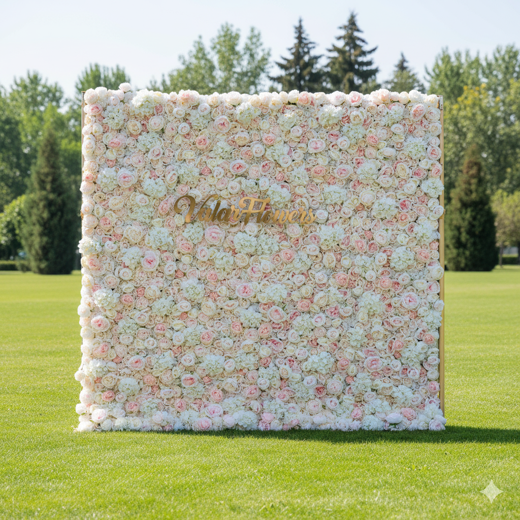 Valar Flower Roll Up Fabric Artificial Mixed White and Light Pink Rose Color Green Leaves Wall Wedding Backdrop, Floral Party Decor, Event Photography, Spa Decor-VF-090-2