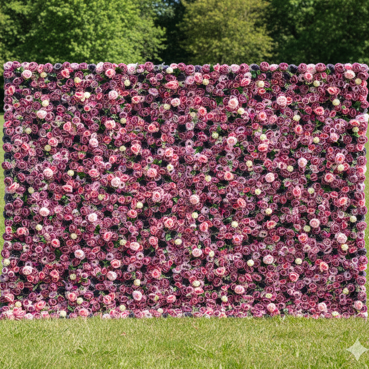 Valar Flowers Radiant Rose Ensemble Wall: Lush Pink & Majestic Purple Blooms - A Floral Extravaganza Setting the Tone for Lavish Celebrations-VF-204