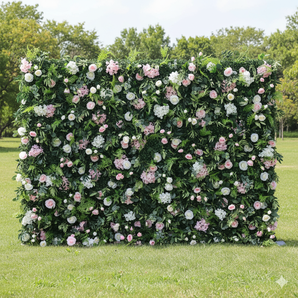 Ethereal Enchantment: Dense Verdant Foliage Meets Pastel Florals – An Idyllic Botanical Wall for Whimsical & Elegant Settings-VF-205-2