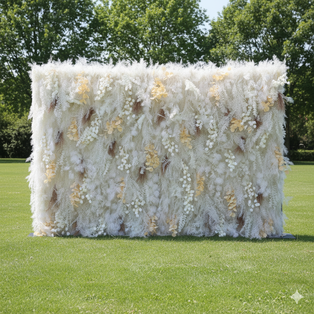 Valar Flower Presenta: El Paisaje Nevado Encantado – Una Majestuosa Pared de Flores Artificiales de Tela con Blancos Invernal y Flores Doradas-VF-208