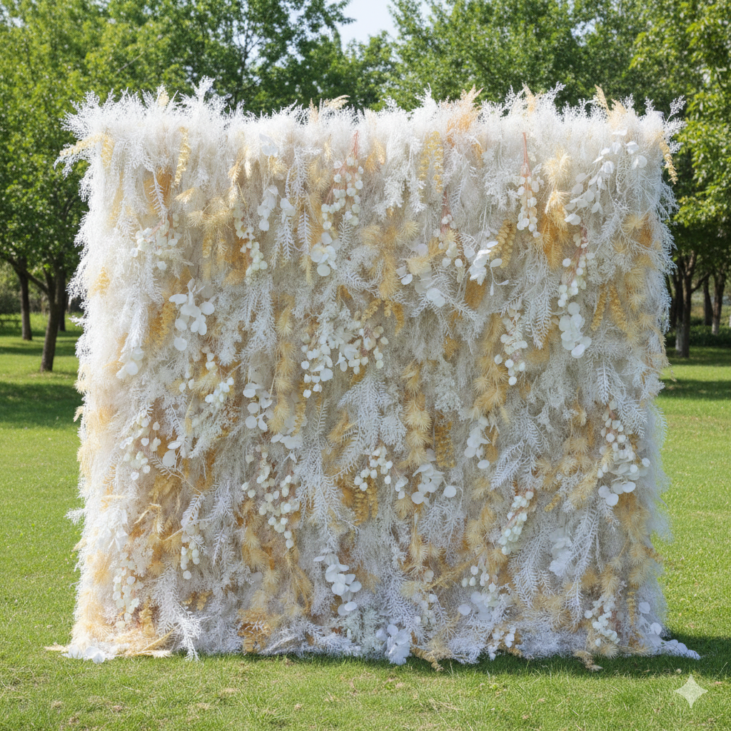 Valar Flowers Presents: Golden Gossamer Dreams – A Luminous Artificial Fabric Flower Wall Intertwined with Gilded Petals-VF-208-3
