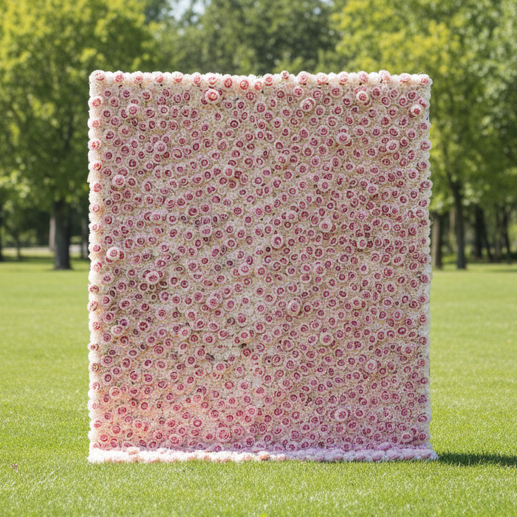 Valar Flowers Presenta: Susurros de Rosa Serena – Una Exquisita Pared de Flores Artificiales de Tela Enriquecida con Flores Rosadas Sonrojadas-VF-209