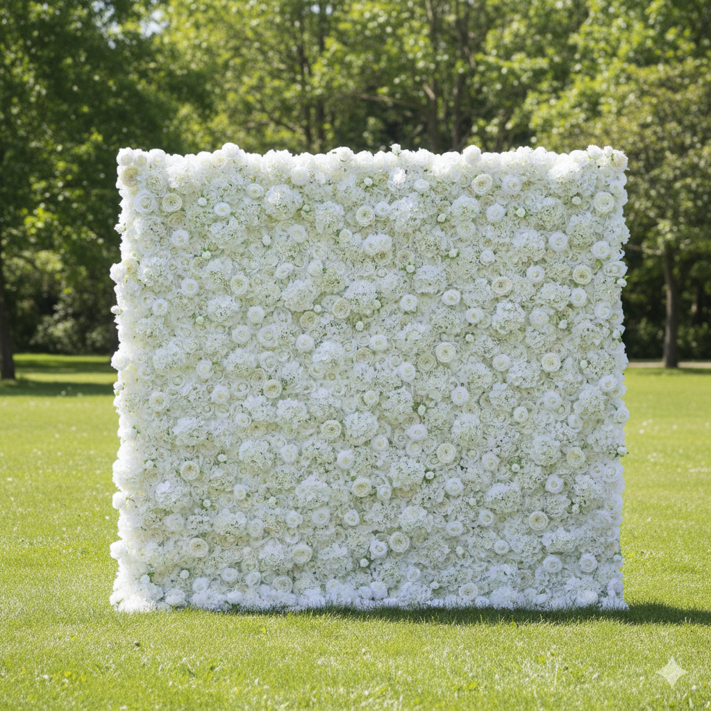 Valar Flower Presenta: Elegancia Blanca Etérea – Una Majestuosa Pared de Flores Artificiales de Tela Goteando con Puras Flores Blancas-VF-210