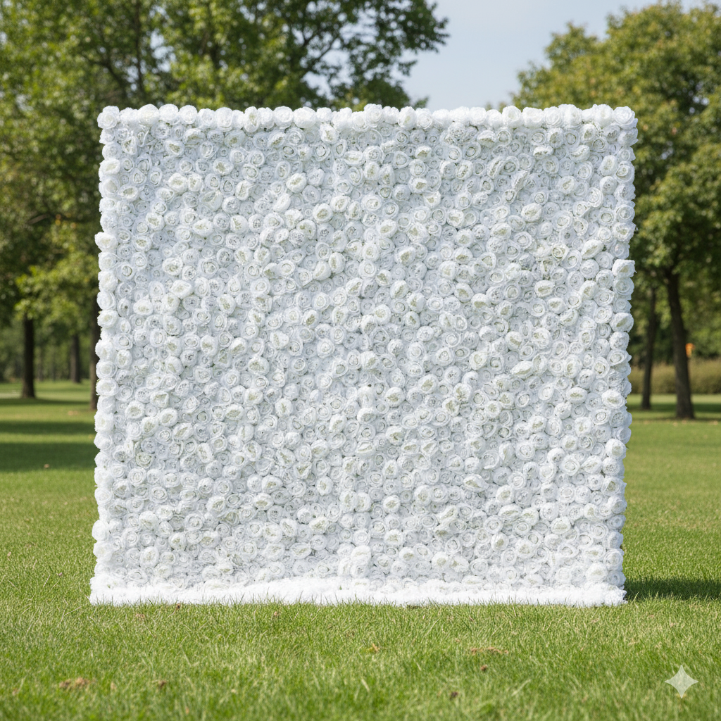 Valar Flowers Presents: White Blossom Bliss – A Dense Array of Roses in an Artificial Fabric Flower Wall-VF-211
