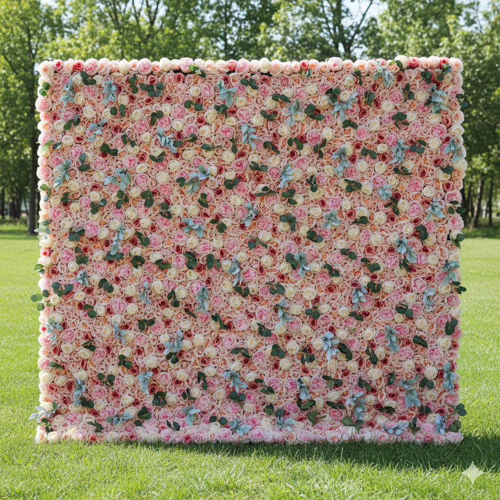 Valar Flowers Presenta: La Euforia de la Flor de Durazno - Pared de Flores Artificiales de Tela con Flores en Tonos Rosados y Durazno Cremoso – Un Telón de Fondo Encantador para Celebraciones y Ambientes Acogedores en el Hogar-VF-215