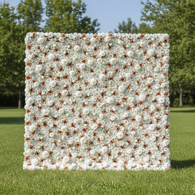 Valar Flowers Presenta: Elysian Meadows – Una Majestuosa Mezcla de Rosas de Tela Blancas y Melocotón Claro – Pared Floral Esencial para Bodas, Celebraciones y Ambientes Interiores Sofisticados-VF-218