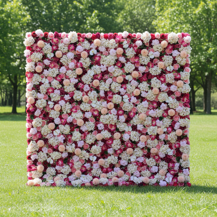 Valar Flowers Roll Up Artificial Flower Wall Backdrop: Roseate Radiance - A Tapestry of Tenderness and Timeless Elegance-VF-233