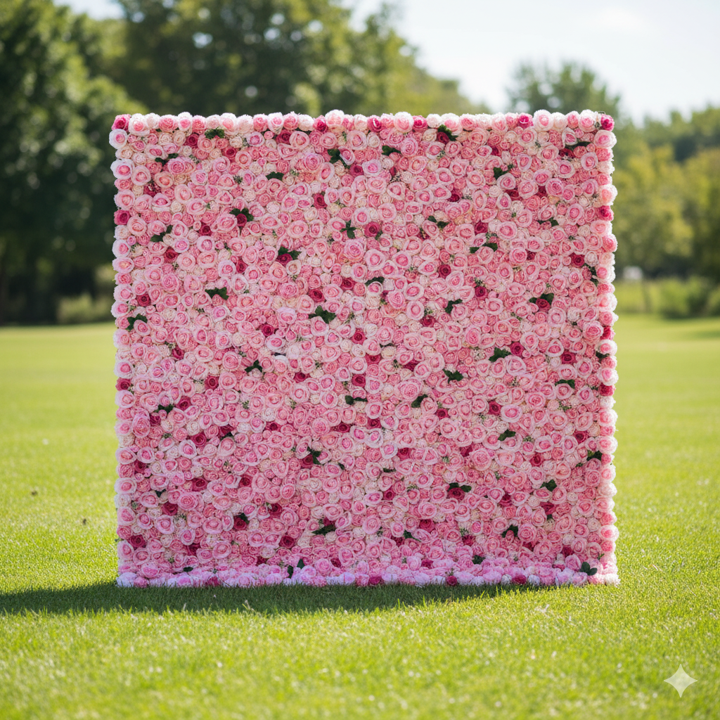 Valar Flower Roll Up Artificial Flower Wall Backdrop: Blushing Blooms - A Lush Panorama of Pure Pink Passion-VF-234