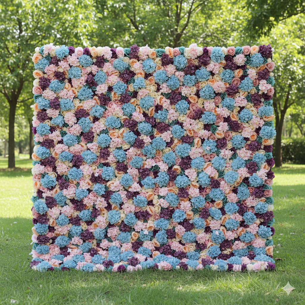 Valar Flowers Roll Up Artificial Flower Wall Backdrop: Pastel Patchwork - A Mélange of Muted Hues for Enchanted Evenings-VF-235