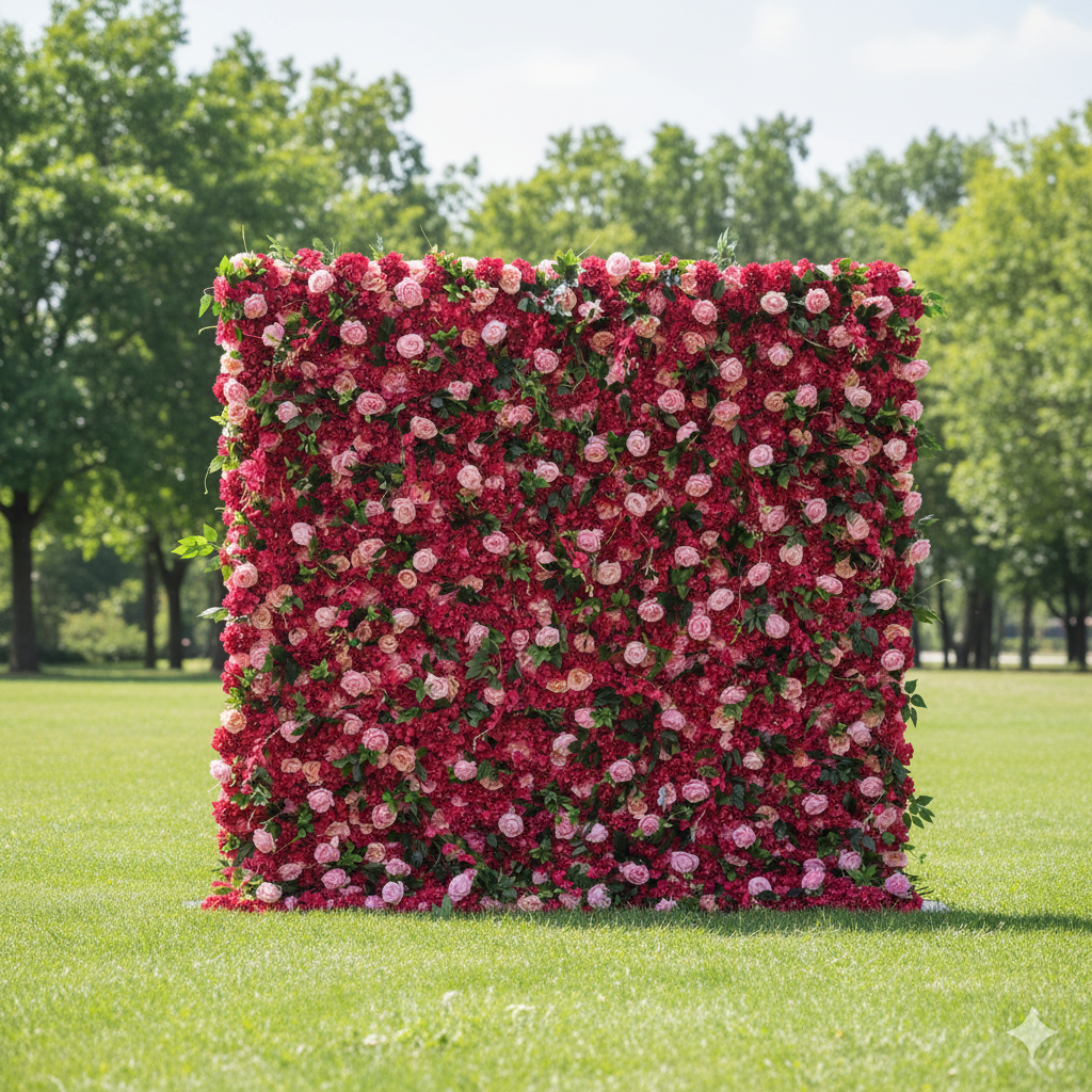 Valar Flowers Roll Up Artificial Flower Wall Backdrop: Romantic Ruby - A Symphony of Passionate Petals for Memorable Moments-VF-236