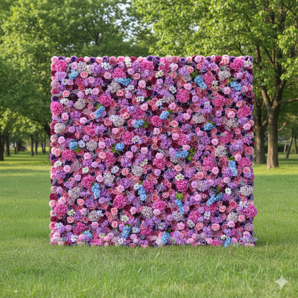 ValarFlowers Artificial Floral Wall Backdrop: Fascinante Mezcla Magenta - Sumérgete en un Encanto Soñador de Morados y Rosas-VF-246