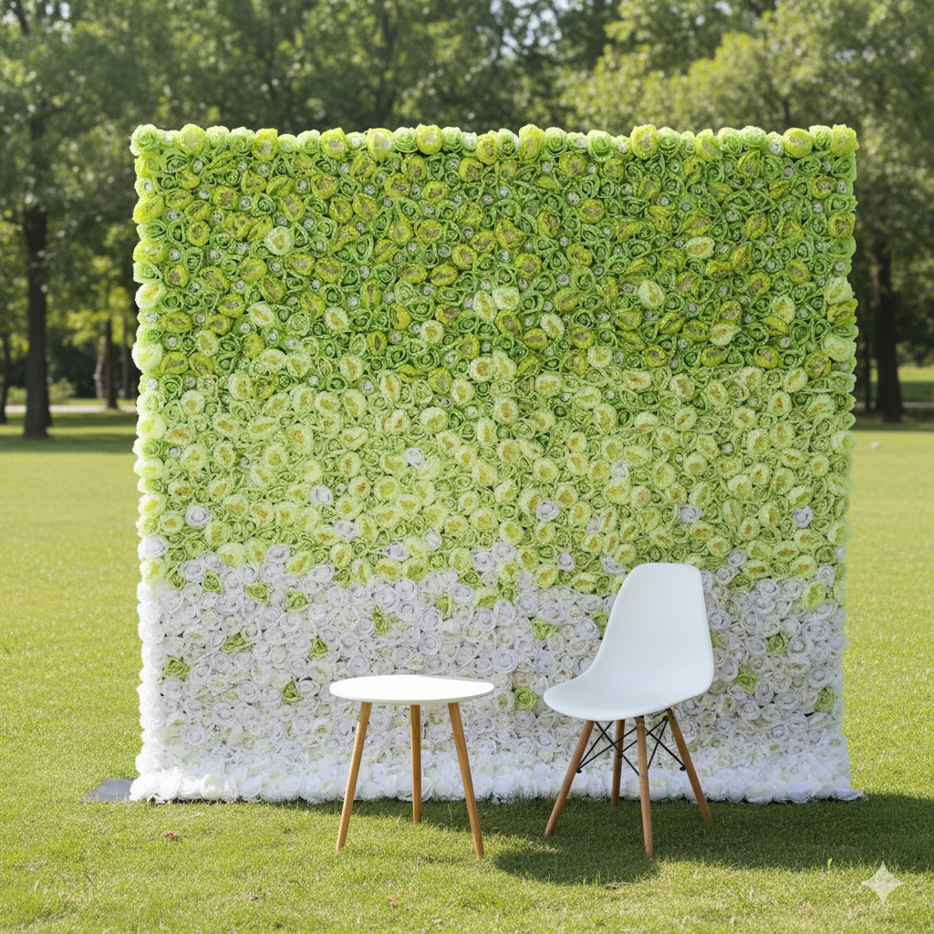 ValarFlowers Artificial Floral Wall Backdrop: Degradado primaveral sereno - Una transición suave de Lima exuberante a Cristal claro-VF-249