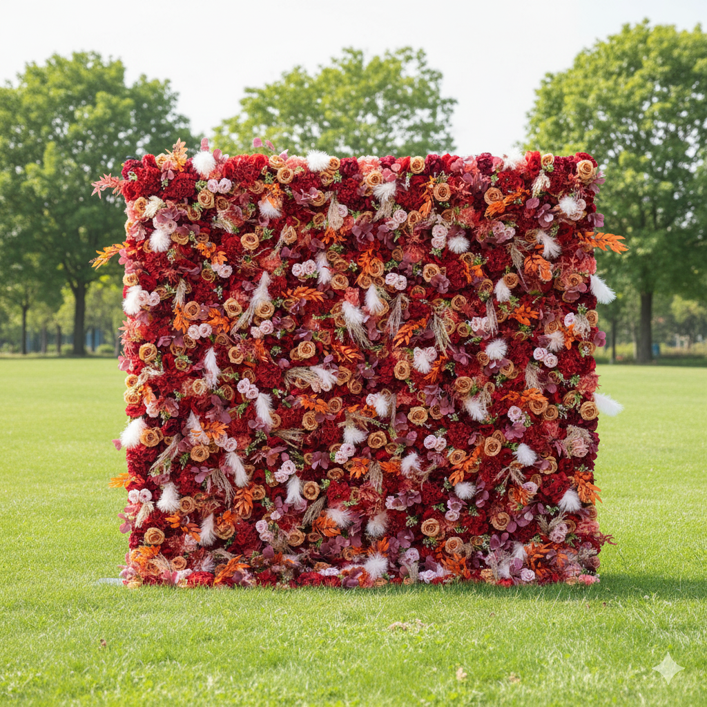 ValarFlower Artificial Floral Wall Backdrop: Florales Ígneos - Paleta de la Pasión y Fantasía de Plumas-VF-251