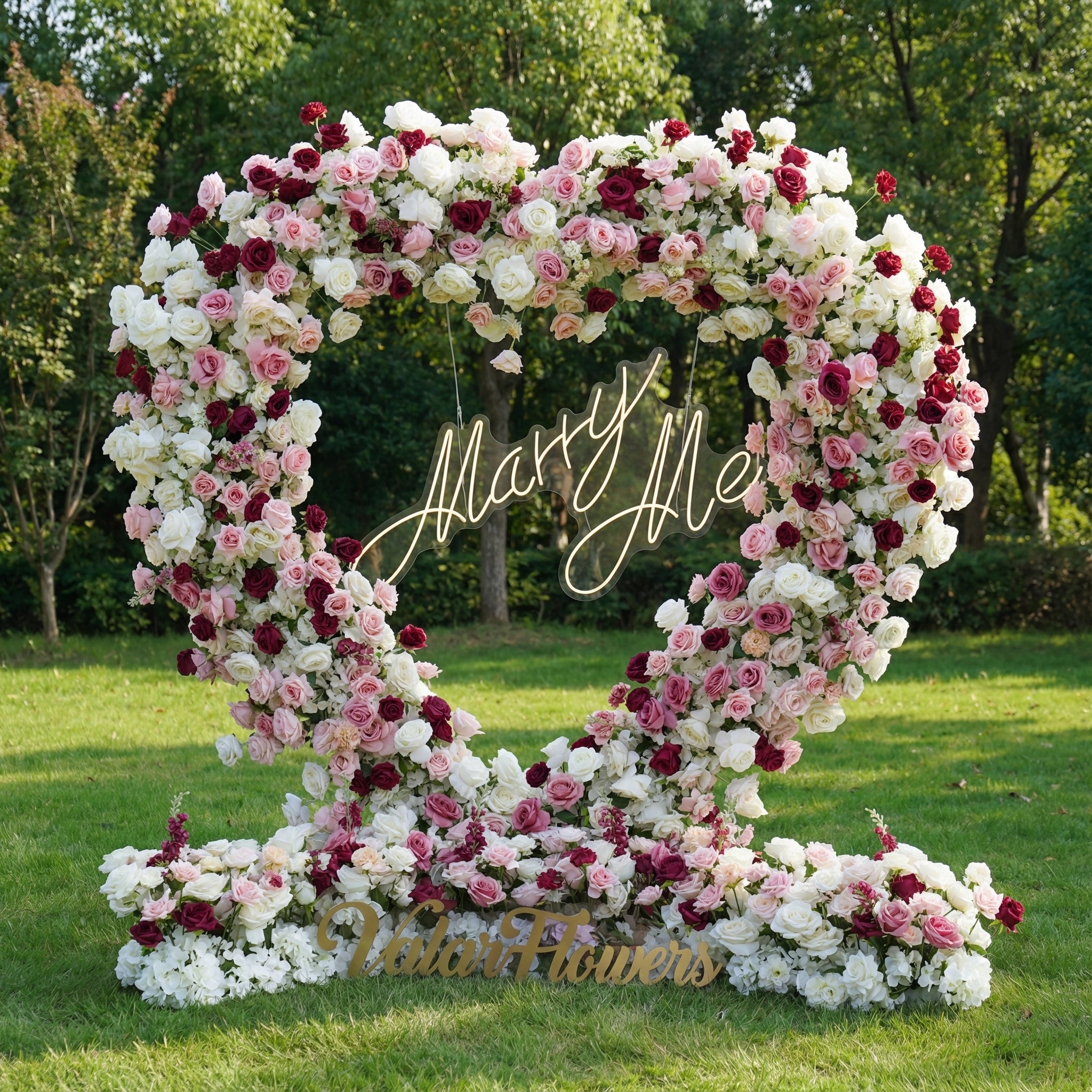 Valar Flower Heart-Shaped Burgundy & Blush Rose Arch | Romantic Proposal & Wedding Backdrop for Autumn & Evening Events HA-411