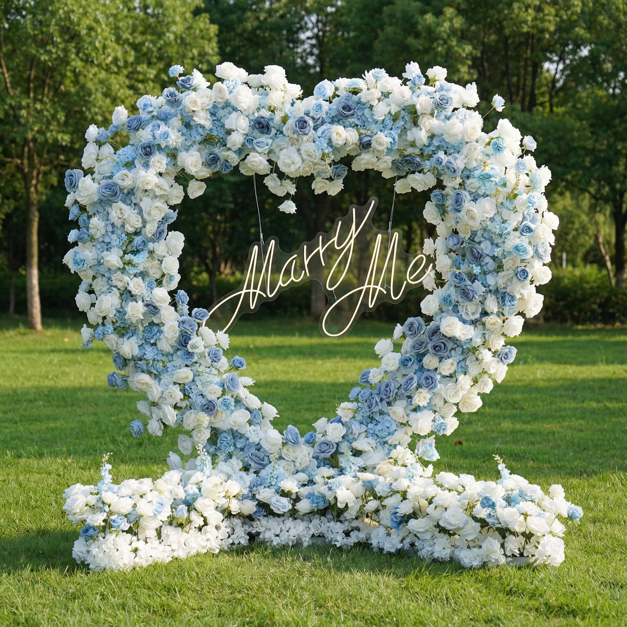 Valar Flower Heart-Shaped Glacier Blue & White Rose Arch | Elegant Proposal Backdrop for Outdoor Weddings HA-413