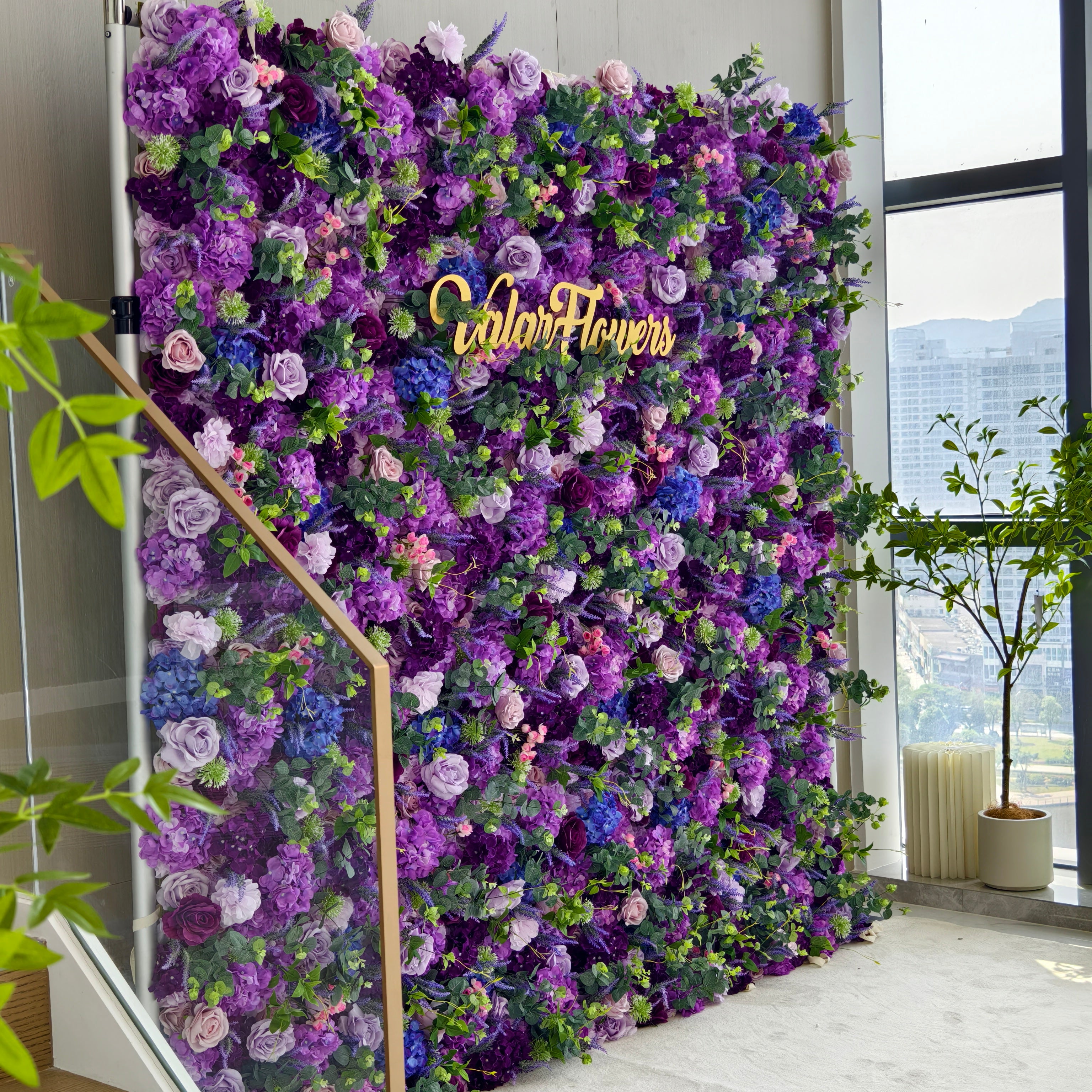 Valar Flowers Roll Up Fabric Artificial Purple Flower Wall Wedding Backdrop, Floral Party Decor, Event Photography-VF-192