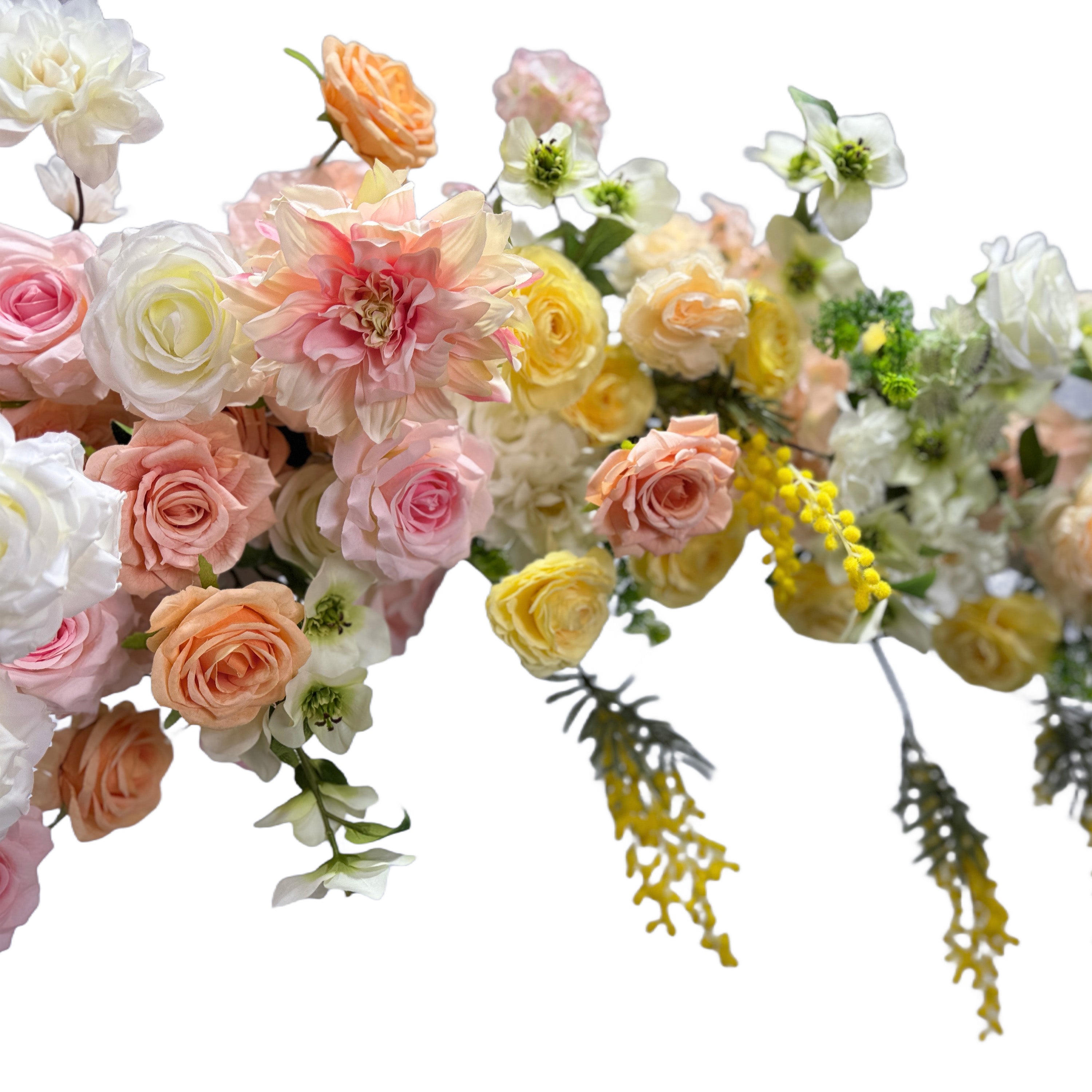 The arch is a beautiful floral arrangement with a mix of pastel - colored flowers, including pink, peach, yellow, and white roses, along with green foliage. It's ideal for weddings and events.