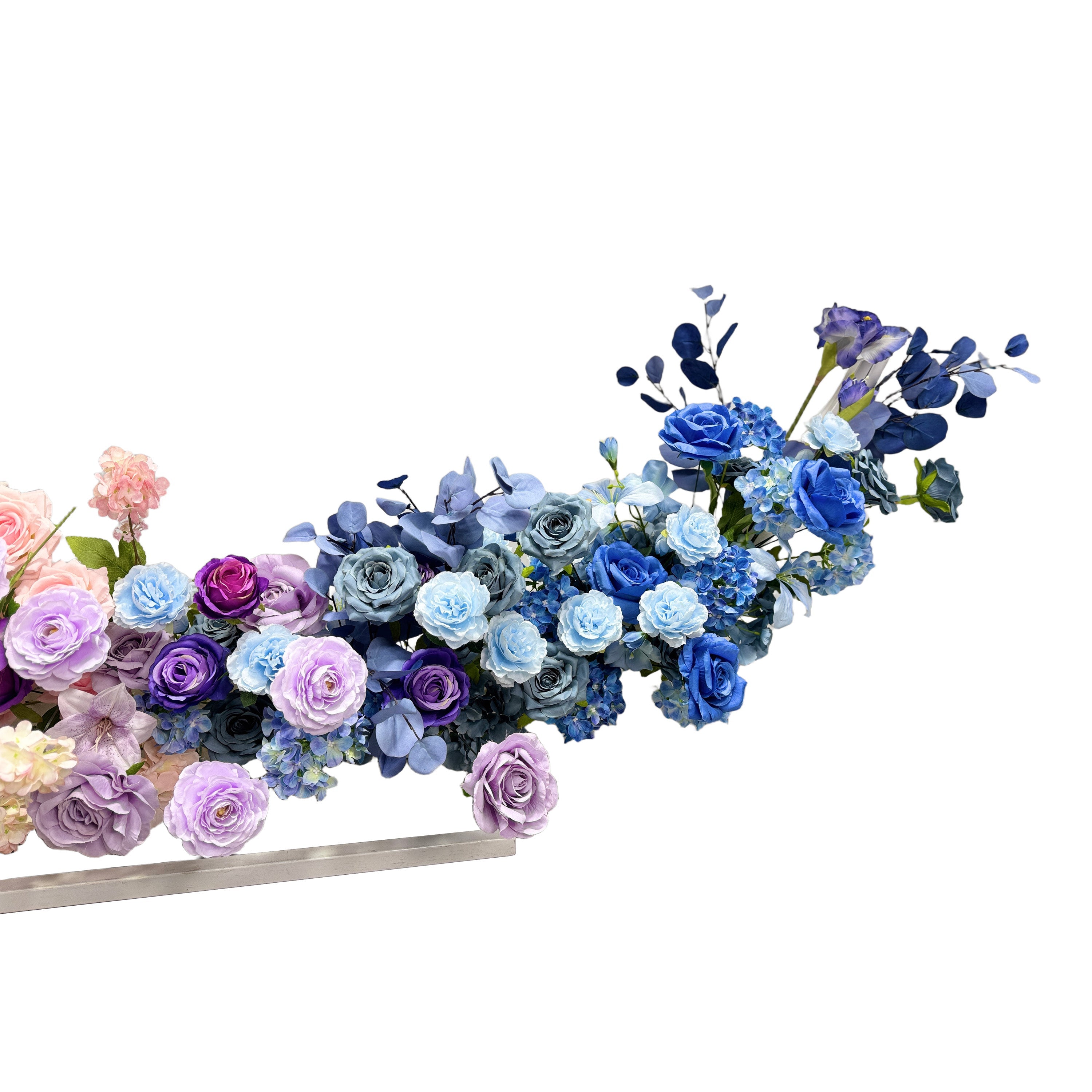 The arch is a beautiful floral arrangement with a variety of flowers. It features a mix of soft pink, purple, and blue blooms, creating a romantic and elegant look suitable for weddings or events.