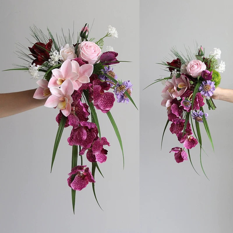 ValarFlower Artificial Bridal Bouquet, Cascading Orchid Wedding Bouquet with Tropical Flowers & Greenery for Elegant Bride Decor VB-321